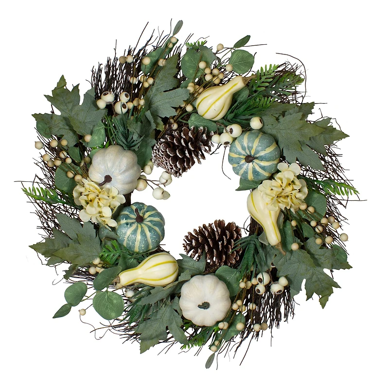 22" Green & White Pumpkins & Berries Fall Harvest Wreath