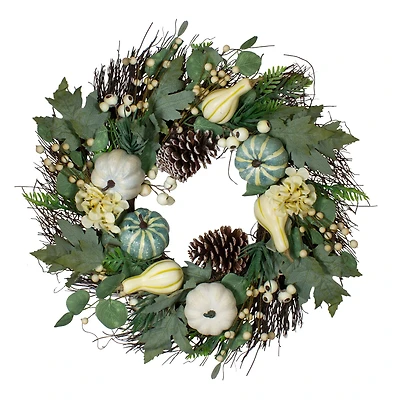 22" Green & White Pumpkins & Berries Fall Harvest Wreath