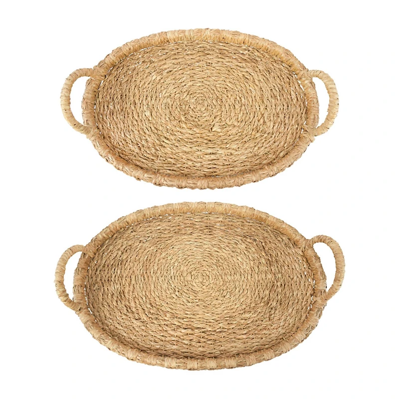Hello Honey® Decorative Handwoven Oval Seagrass and Rattan Trays with Handles Set