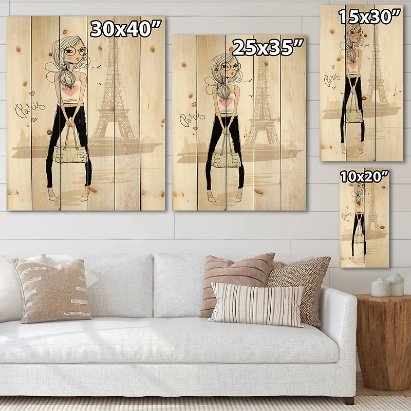 Designart - Cute Girl By The Tour Eiffel In Paris - Children's Art Print on Natural Pine Wood