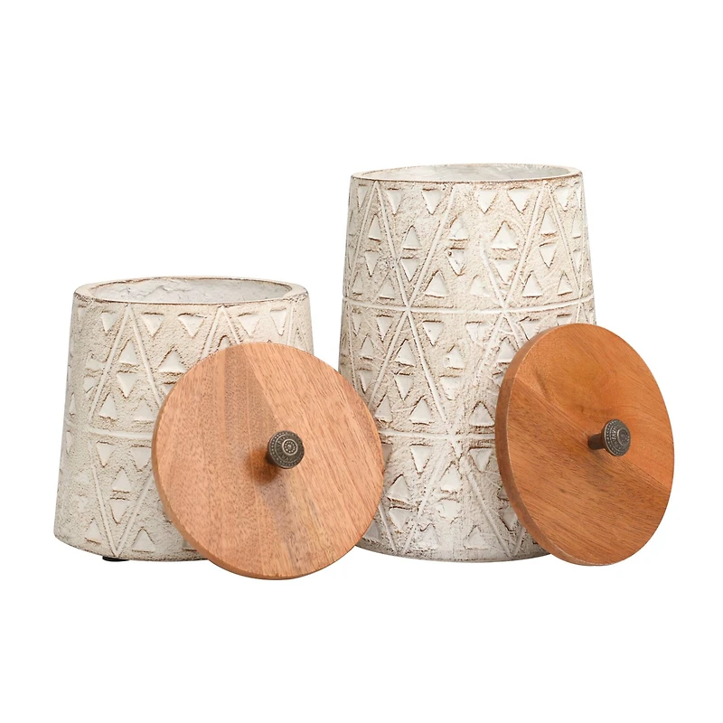 Cream Paper Mache Handmade Carved Triangle Tribal Canisters with Removable Lids Set