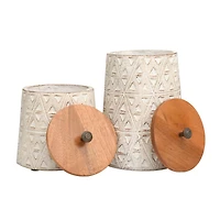 Cream Paper Mache Handmade Carved Triangle Tribal Canisters with Removable Lids Set