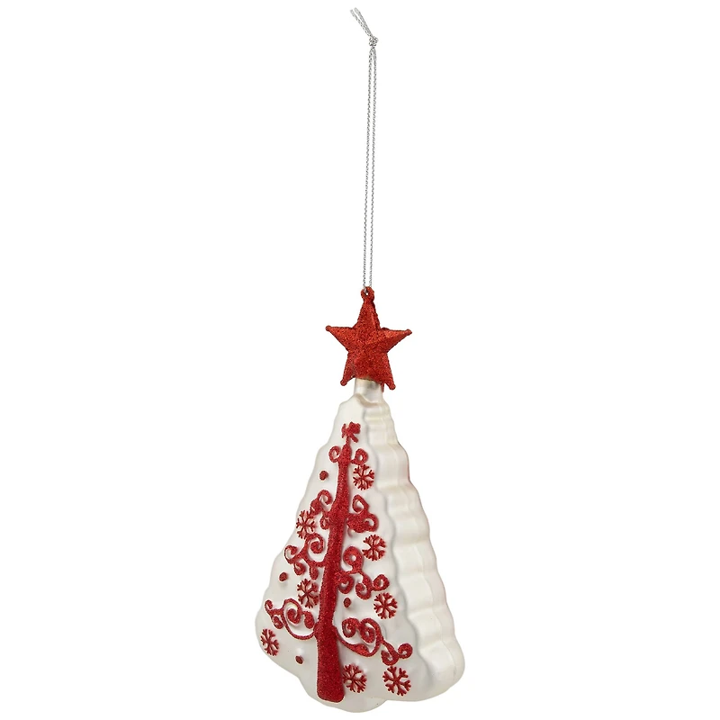 6" White & Red Christmas Tree Glass Ornament