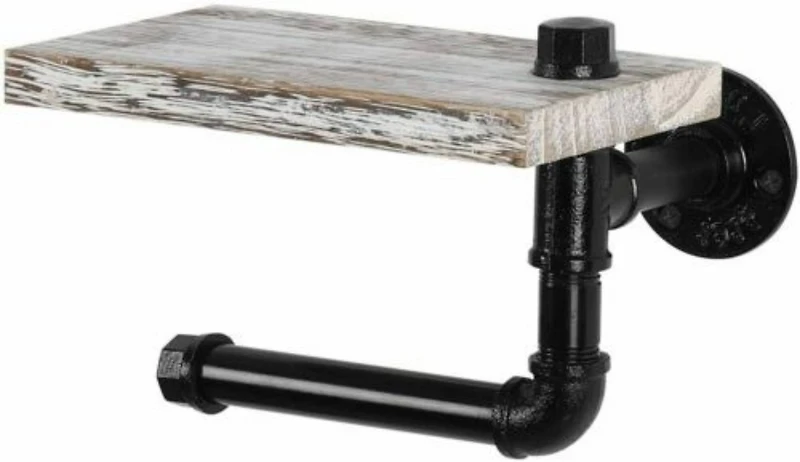 Industrial Wall-Mounted Rustic Toilet Paper Holder with Wood Shelf