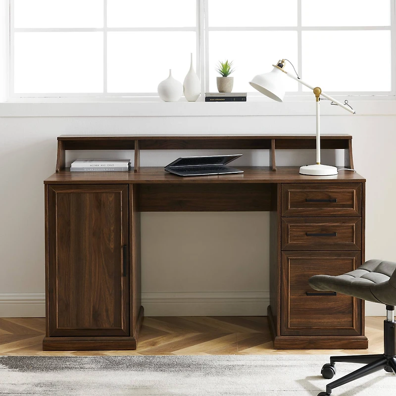 Walker Edison 58" Dark Walnut 3 Drawer Computer Desk with Hutch