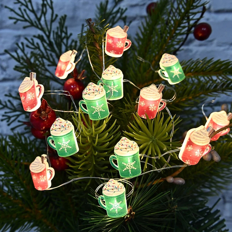18ct. Warm White LED Hot Cocoa Snowflake Mug String Lights on Silver Wire by Ashland®