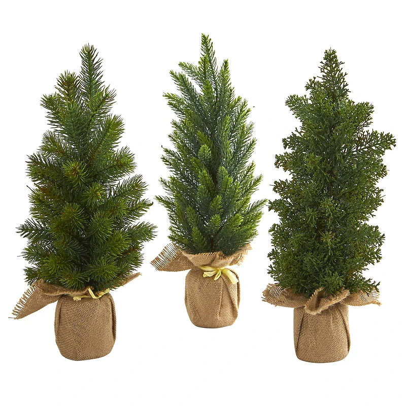 3 Pack 15" Unlit Mini Cypress & Pine Artificial Christmas Trees with Burlap Base