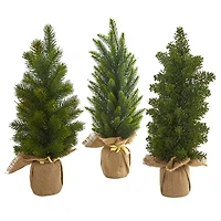 3 Pack 15" Unlit Mini Cypress & Pine Artificial Christmas Trees with Burlap Base