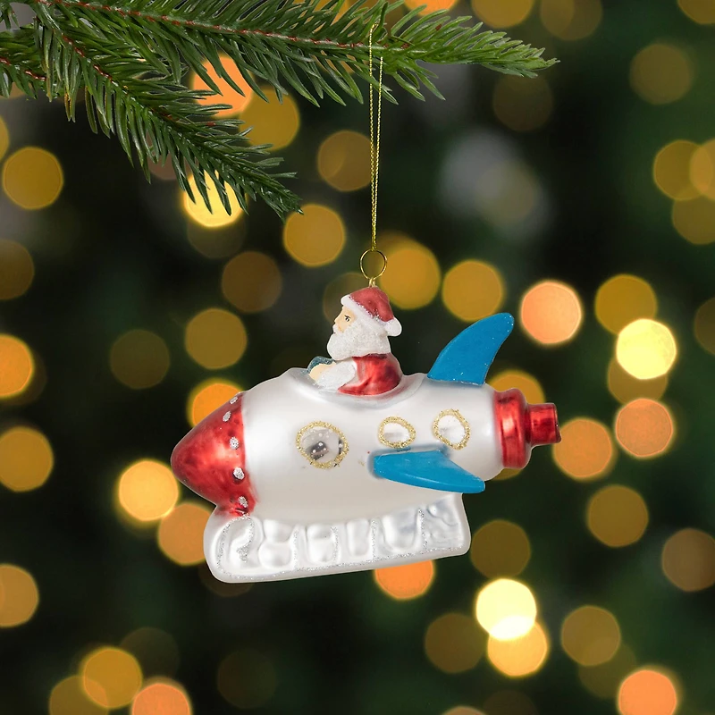 4.5" Santa In A Silver Rocket Ship Glass Christmas Ornament