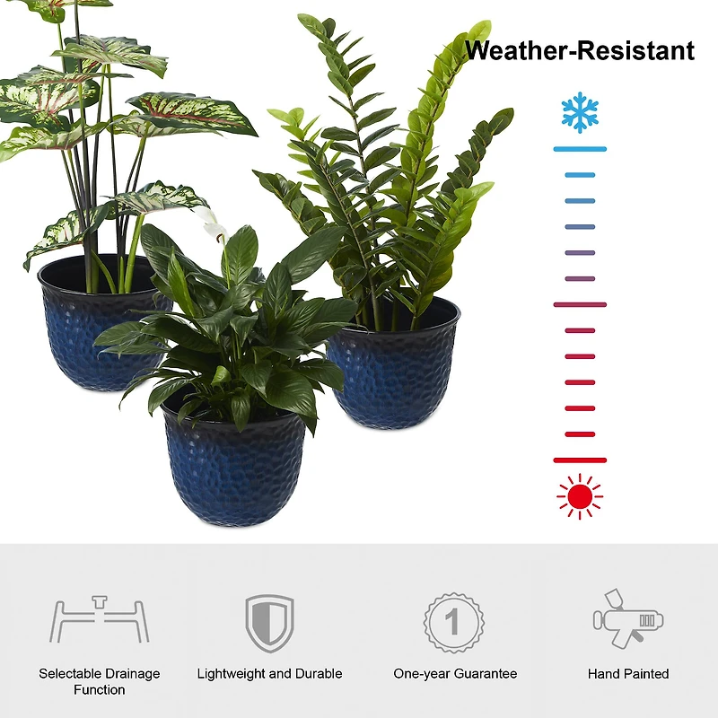 Glitzhome® 11.75" Honeycomb Textured Cobalt Blue Faux Ceramic Plastic Planters, 3ct.