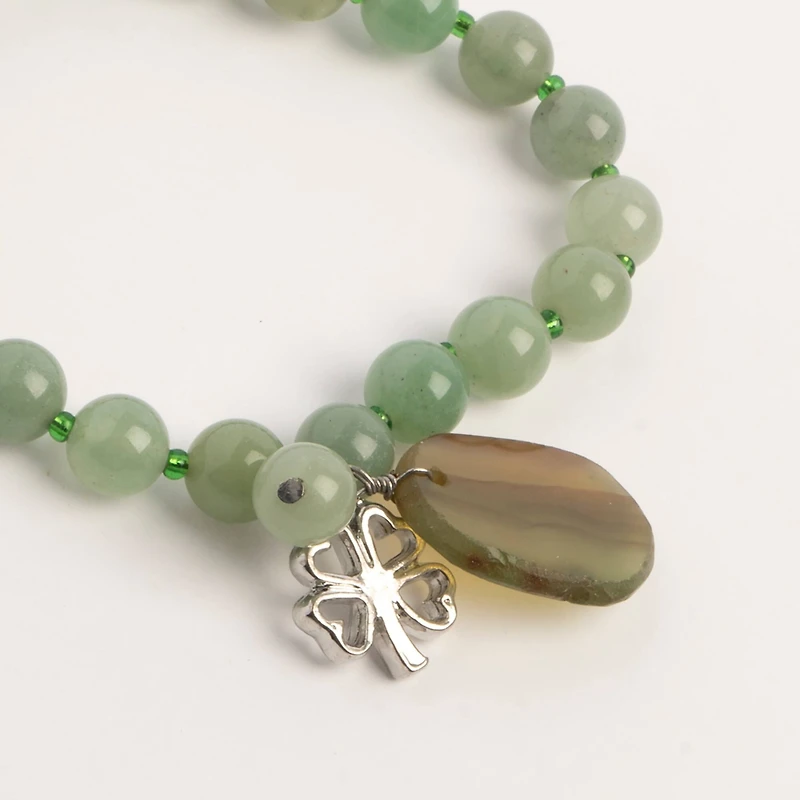 John Bead Aventurine Green Natural Stone Bracelet with Agate & Clover Charms