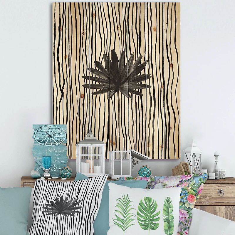 Designart - Black and White Tropical Leaf On Striped III