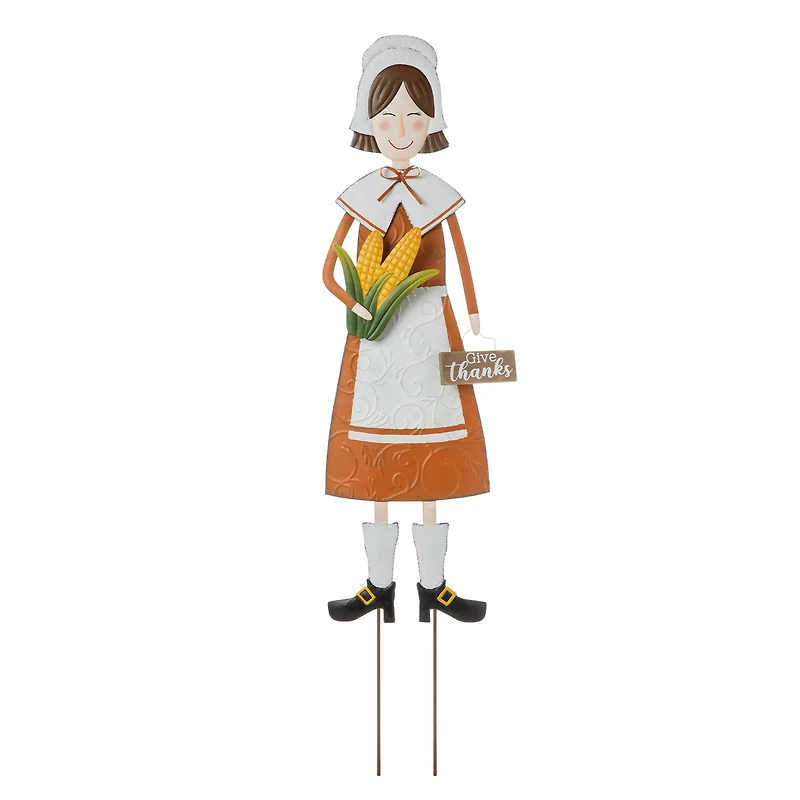 Glitzhome® 36" Metal Thanksgiving Pilgrim Girl Standing Or Hanging Yard Stake