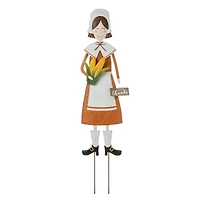 Glitzhome® 36" Metal Thanksgiving Pilgrim Girl Standing Or Hanging Yard Stake