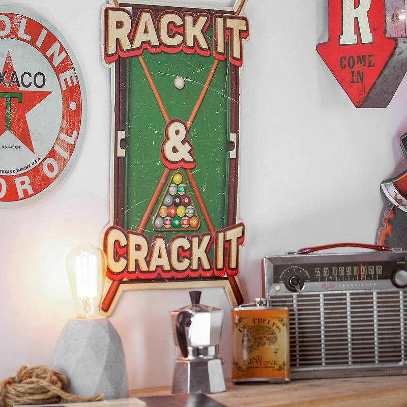 Rack it Crack it Pool Table Sticks Embossed Metal Sign