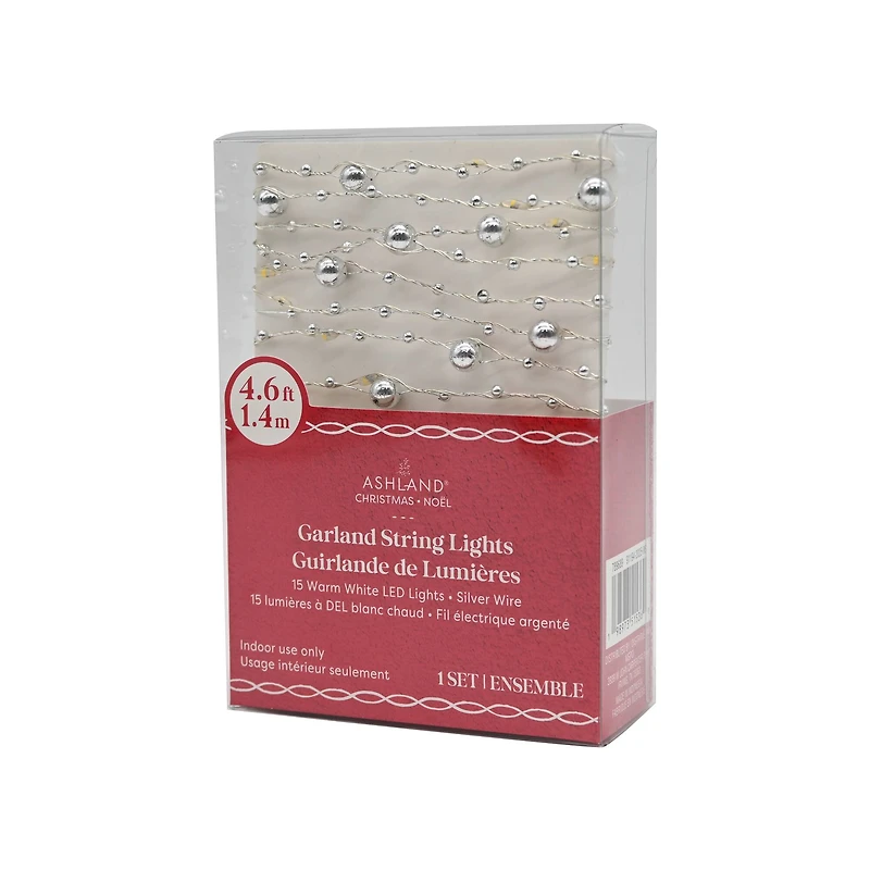 15ct. Warm White LED Metallic Silver Bead Garland String Lights on Silver Wire by Ashland®