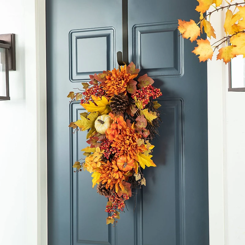 Glitzhome® 27" Fall Dahlia, Pumpkin, Leaf & Berry Swag