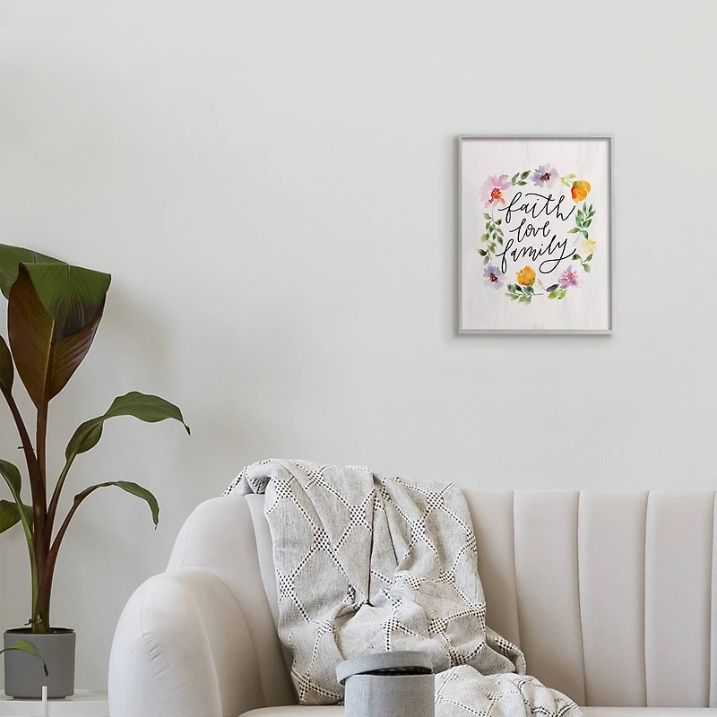 Stupell Industries Faith Love Family Quote Traditional Floral Wreath in Gray Frame Wall Art