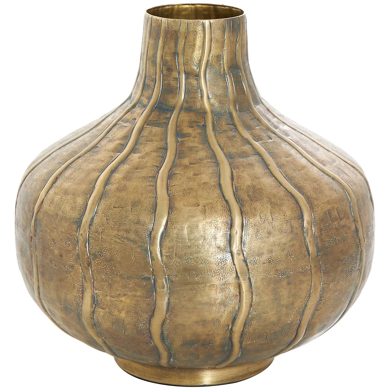 13" Brass Metal Wide Snakeskin Inspired Vase with Dimensional Wavy Accents