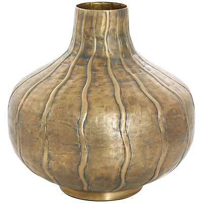 13" Brass Metal Wide Snakeskin Inspired Vase with Dimensional Wavy Accents