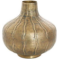 13" Brass Metal Wide Snakeskin Inspired Vase with Dimensional Wavy Accents