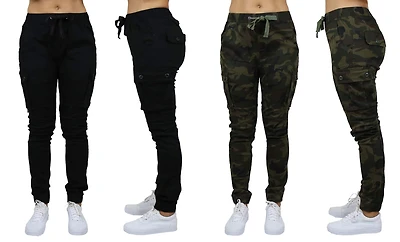 Galaxy By Harvic Loose Fit Cotton Stretch Twill Women's Cargo Joggers 2 Pack