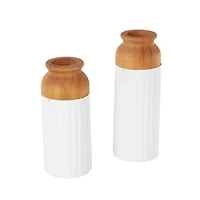 White & Brown Grooved Texture Metal & Wood Vase Set