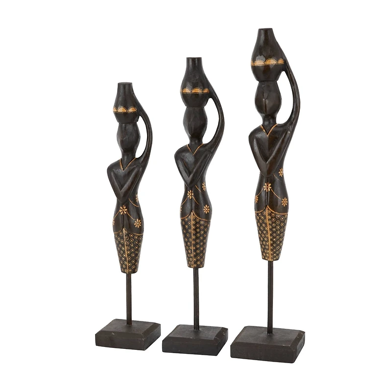 Set of 3 Black Wood Bohemian Sculptures, 23" x 4" x 4"