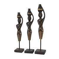 Set of 3 Black Wood Bohemian Sculptures, 23" x 4" x 4"
