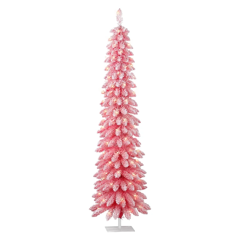 6ft. Pre-Lit Flocked Pink Artificial Alpine Pencil Christmas Tree, Clear Lights