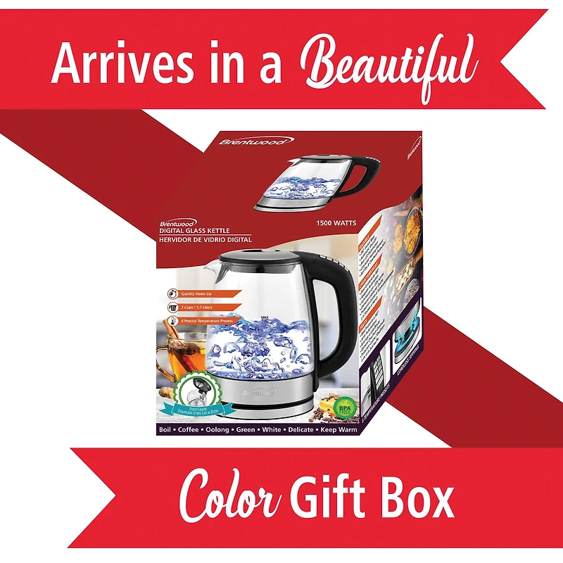 Brentwood 1.79qt. Cordless Digital Glass Electric Kettle with 6 Precise Temperature Presets and Swivel Base