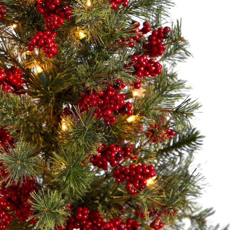 3ft. Pre-Lit Pine Artificial Christmas Tree with Berries and Burlap Base, Warm White Lights