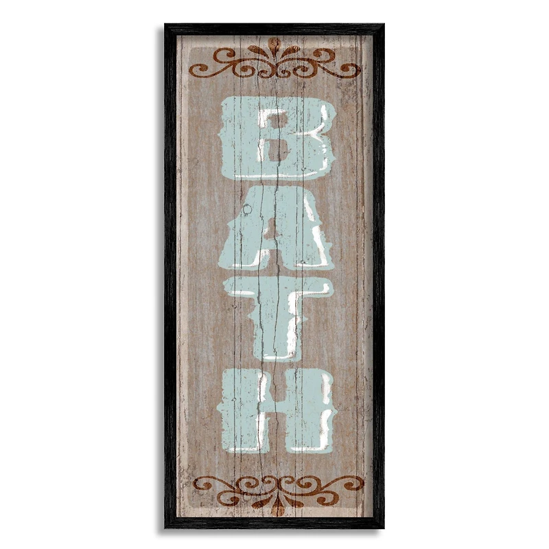 Stupell Industries Rustic Charm Bath Sign Blue Brown Family Bathroom Framed Wall Art