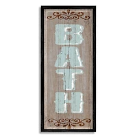 Stupell Industries Rustic Charm Bath Sign Blue Brown Family Bathroom Framed Wall Art