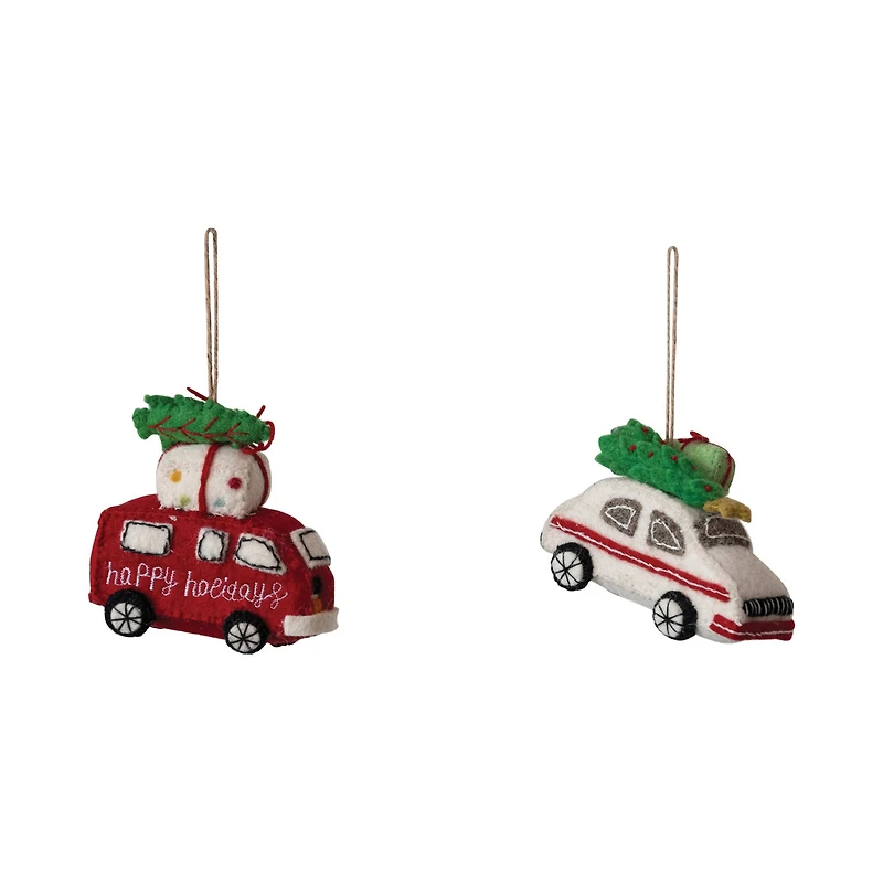 Hello Honey® Handmade Wool Felt Van & Car Ornament Set with Christmas Tree, Present, Applique & Embroidery