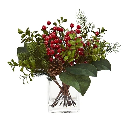 12" Berry, Pine & Boxwood Arrangement with Glass Vase