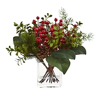 12" Berry, Pine & Boxwood Arrangement with Glass Vase