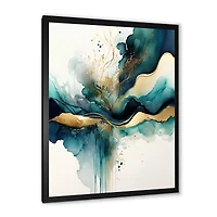 Designart 'Teal And Gold Abstract Expression III' Modern Framed Canvas Wall Art