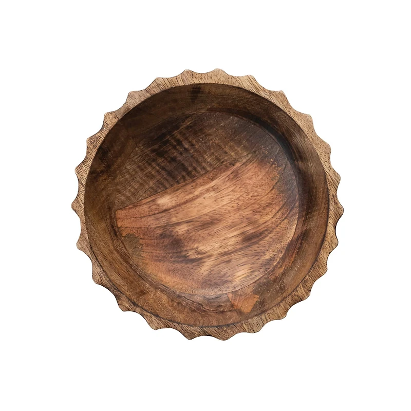 Hello Honey® 9.5" Burnt Finish Hand-Carved Mango Wood Footed Bowl with Scalloped Edge