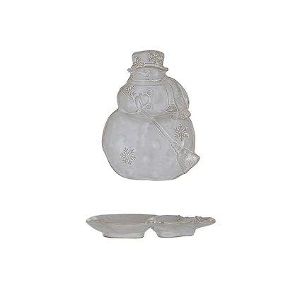 Hello Honey® 7.75" Antique White Reactive Glaze Snowman with Broom Stoneware Server Plate