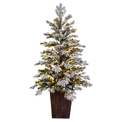 4.5ft. Pre-Lit Flocked Comet Pine Artificial Christmas Tree In Brown Pot, Clear Dura-Lit® LED Lights