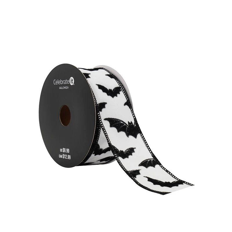 1.5" x 10yd. Black & White Bats Wired Taffeta Ribbon by Celebrate It® Halloween