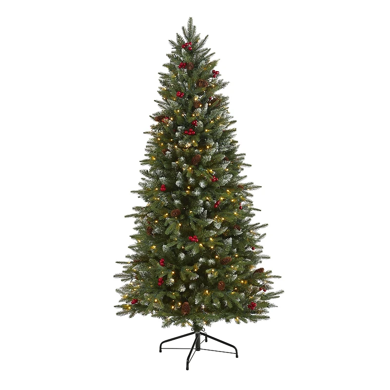 6ft. Pre-Lit Snow Tipped Portland Spruce Artificial Christmas Tree with Frosted Berries and Pinecones, Clear LED Lights