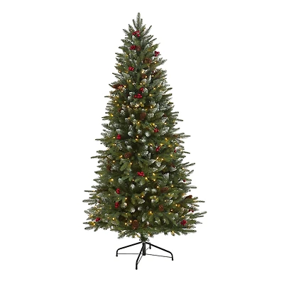 6ft. Pre-Lit Snow Tipped Portland Spruce Artificial Christmas Tree with Frosted Berries and Pinecones, Clear LED Lights
