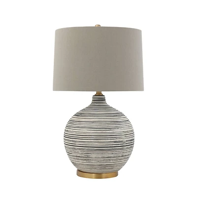Hello Honey® Textured Black & White Striped Ceramic Table Lamp with Grey Linen Shade