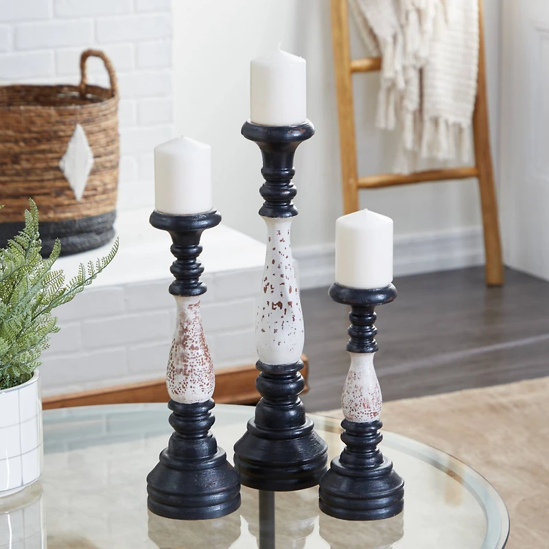 16" Black & White Wood Farmhouse Candlestick Holder Set