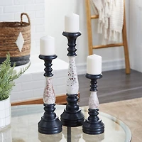 16" Black & White Wood Farmhouse Candlestick Holder Set