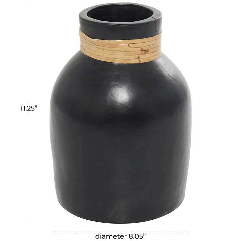 11" Black Ceramic Vase with Wrapped Rattan Detailing