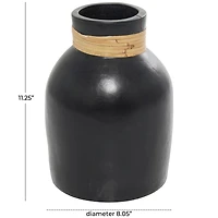11" Black Ceramic Vase with Wrapped Rattan Detailing