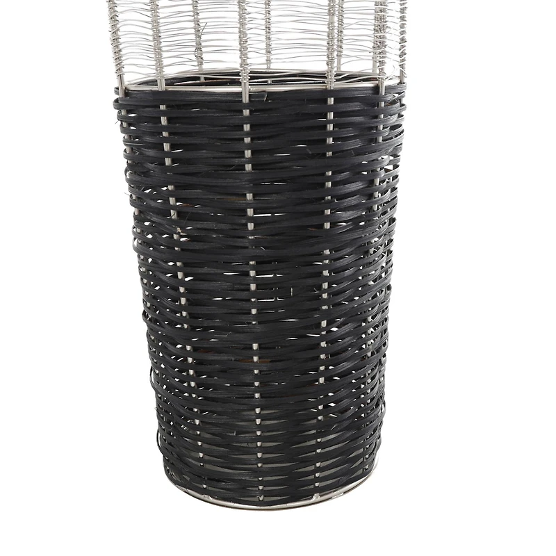24" Silver Metal Vase with Woven Black Rattan Base